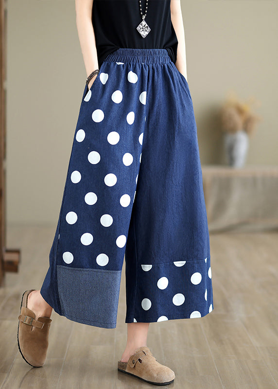 Blue Asymmetrical Patchwork Dot Print Pockets Wide Leg Pants Summer