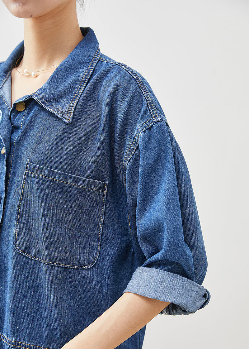 Denim Blue Oversized Patchwork Cotton Mid Dress Fall