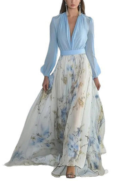 Classy Blue V Neck Print Chiffon Maxi Dresses Long Sleeve