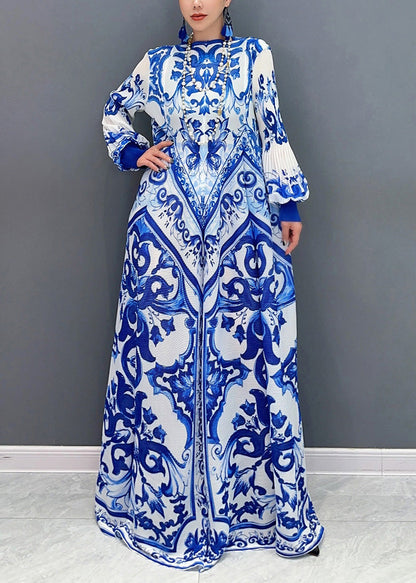 Summer New Blue and White Porcelain Print Chiffon Pleated Long Dress
