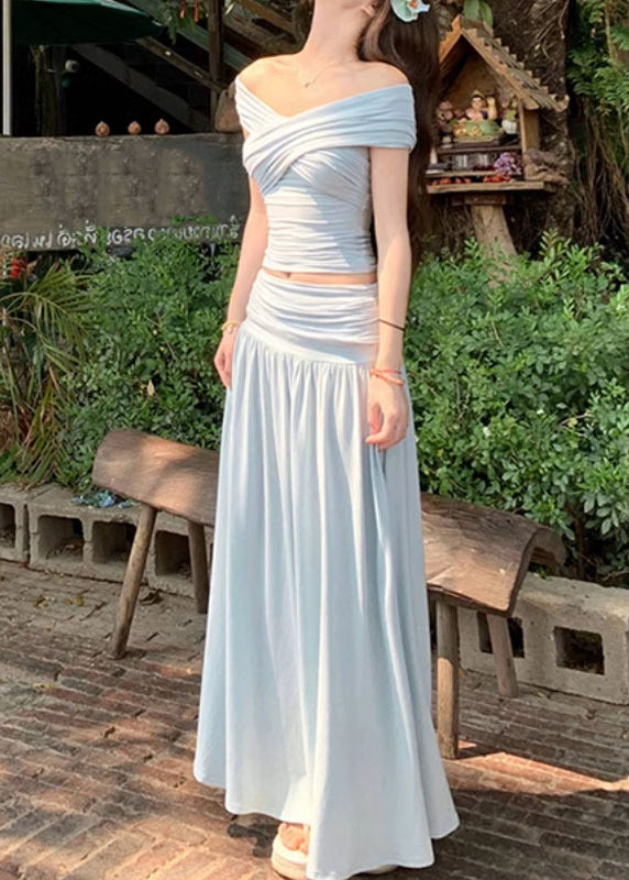 Art Beige Wrinkled Tops and Skirts Cotton Two Pieces Set Summer