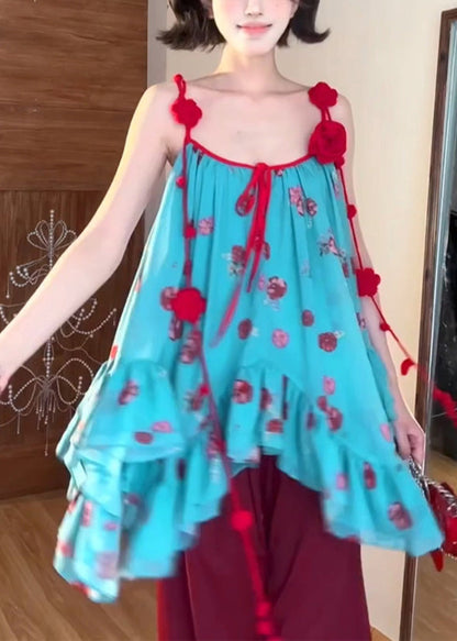 Blue Asymmetrical Spaghetti Strap Tops Summer