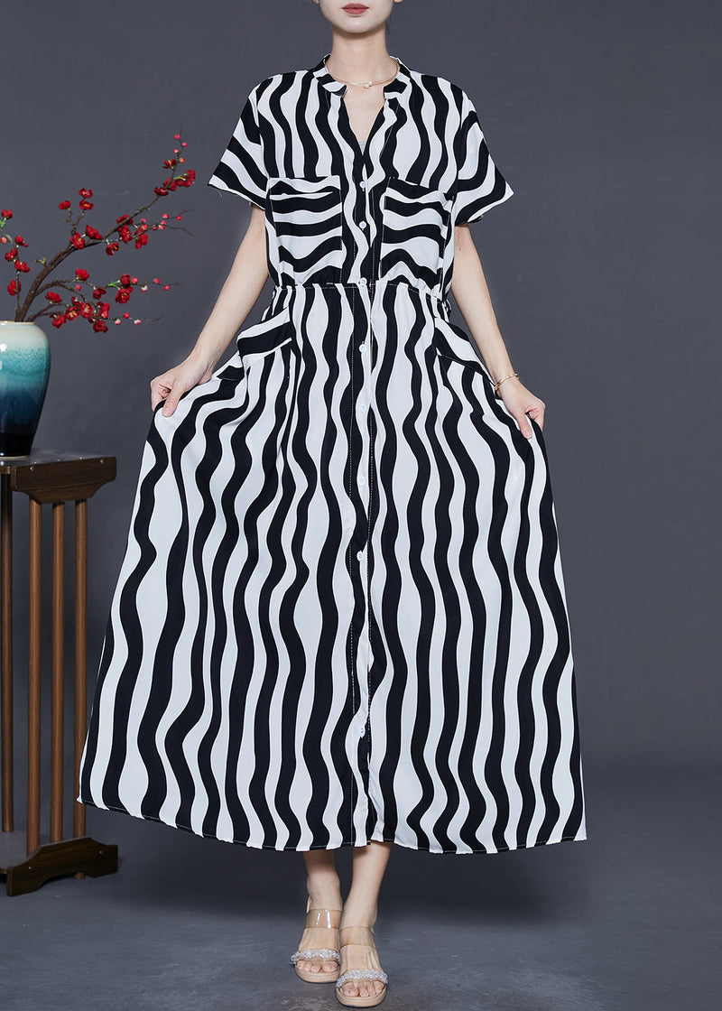Black V Neck Striped Chiffon Dress Summer