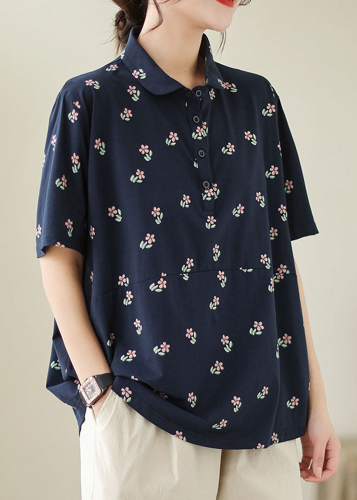 Navy Patchwork Cotton T Shirt Peter Pan Collar Summer