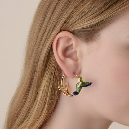 Enamel Hummingbird Hoop Earrings