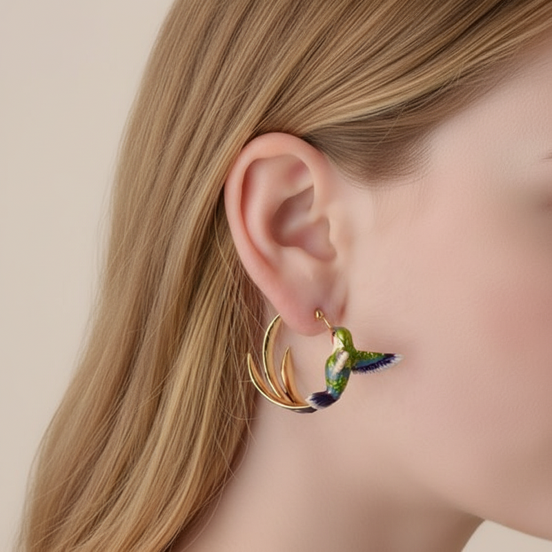 Enamel Hummingbird Hoop Earrings
