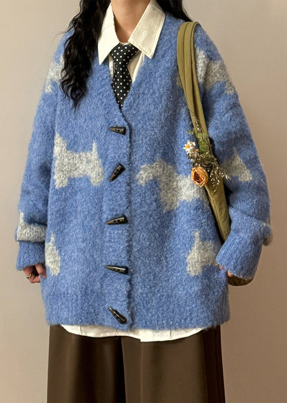 Blue V Neck Button Little Horse Knit Coats Spring