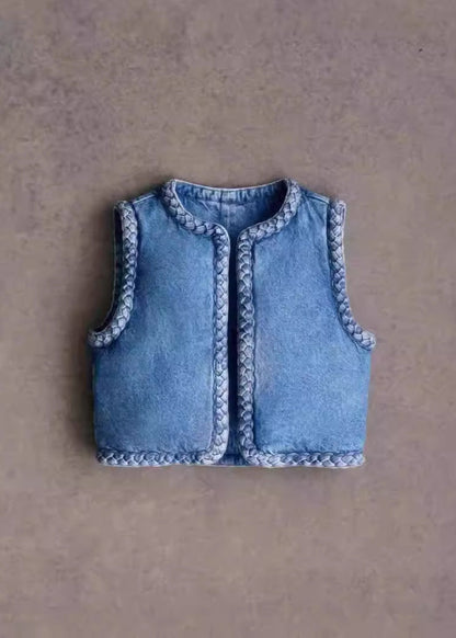 Blue O Neck Fine Cotton Filled Denim Vest Sleeveless