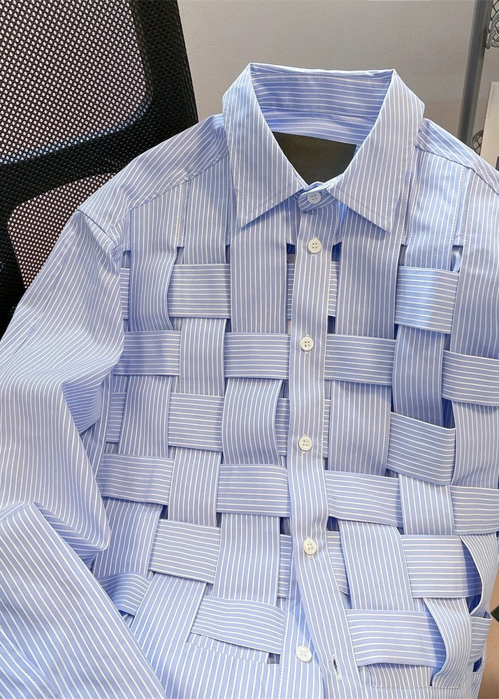 Fitted Blue Peter Pan Collar Hollow Out Plaid Cotton Shirts Fall