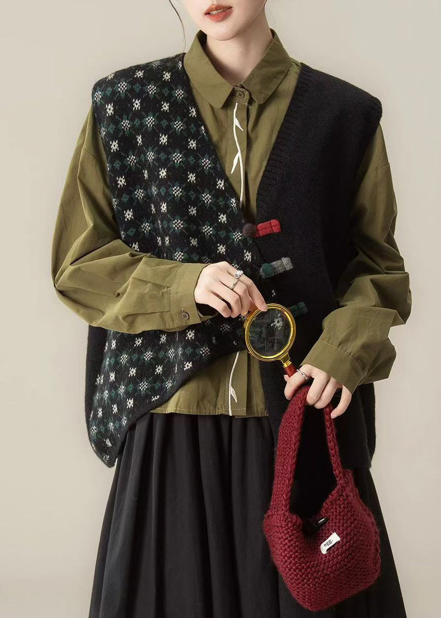 Black Asymmetrical Chinese Button Knit Vests Winter
