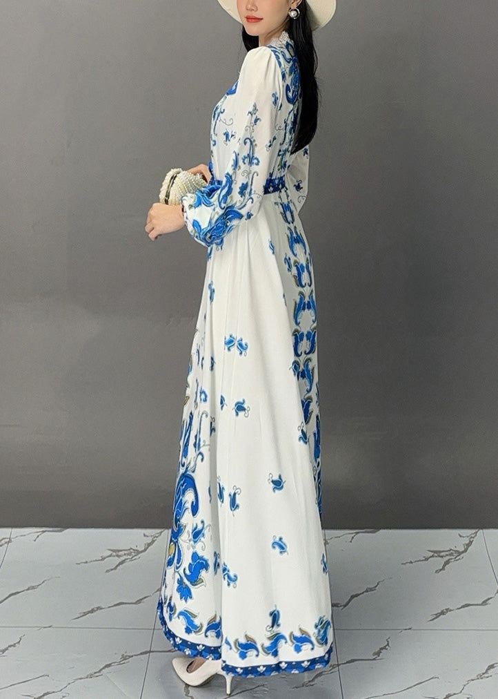 White Print Lace Up Cotton Long Dress Fall