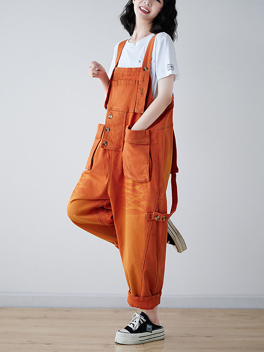 Spliced Washed Denim Loose Jumpsuits