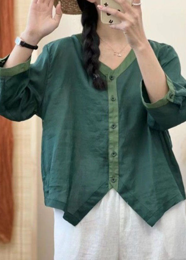 Green V Neck Asymmetrical Patchwork Linen Shirt Summer