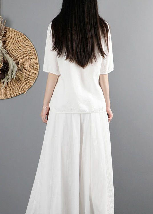 White V Neck Asymmetrical Design Cotton Tops Short Sleeve