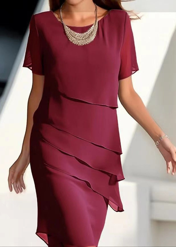 French Khaki O-neck Layered Chiffon Maxi Dresses Short Sleeve