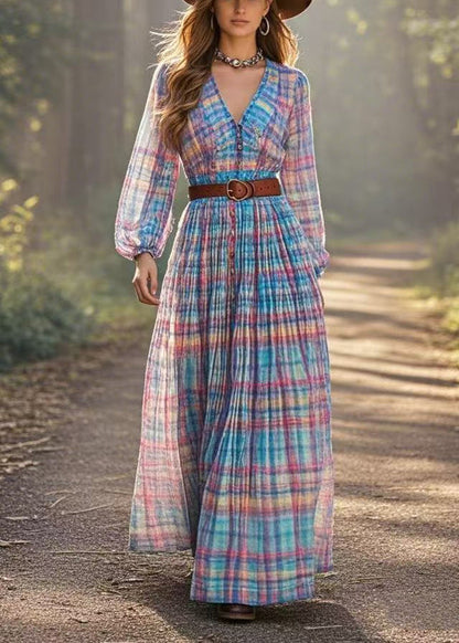 Rainbow Cinched Plaid Cotton Dresses Spring