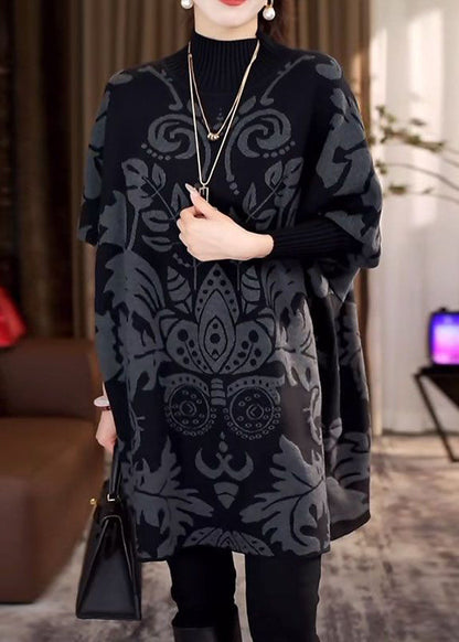 Black Hign Neck Thick Print Knit Sweater Winter