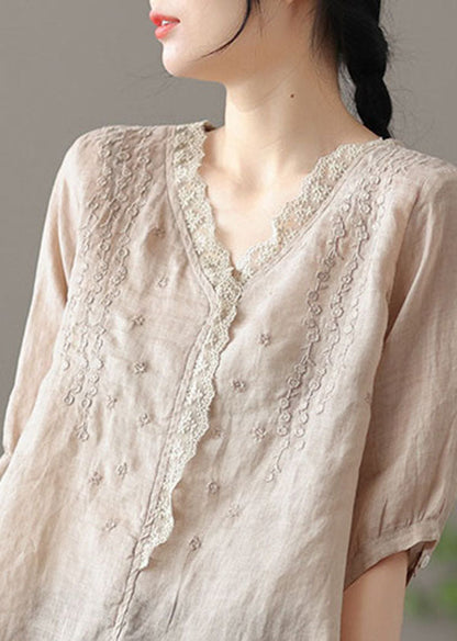 Khaki Embroidered Lace Patchwork Linen Shirt Half Sleeve