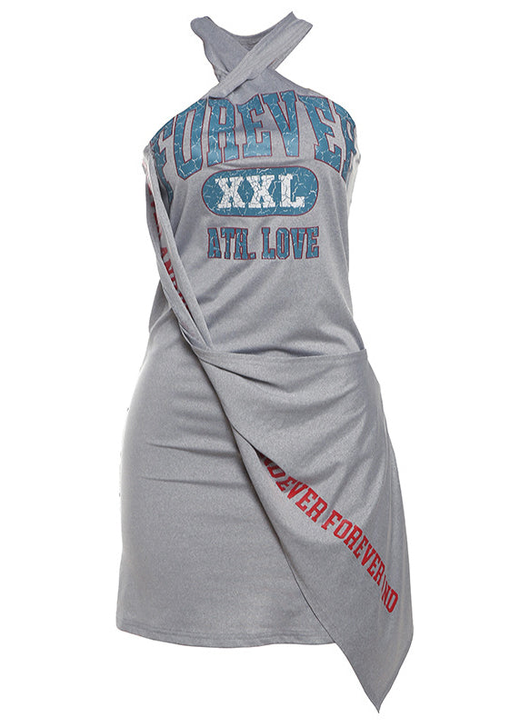 Grey Graphic Hanging Neck Irregular Dress
