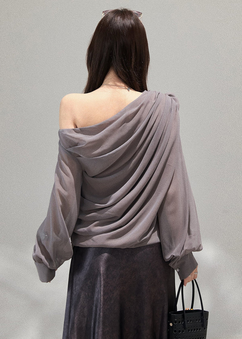 Handmade Grey Cold Shoulder Chiffon Top Fall