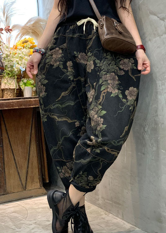 Unique Black Retro Cinched Print Denim Pants Trousers Spring