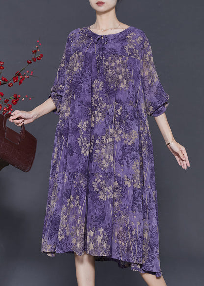 Purple Print Chiffon Maxi Dresses Oversized Fall