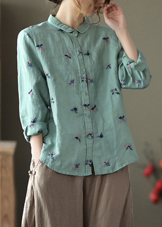 Handmade Green Peter Pan Collar Embroidered Linen Shirts Long Sleeve