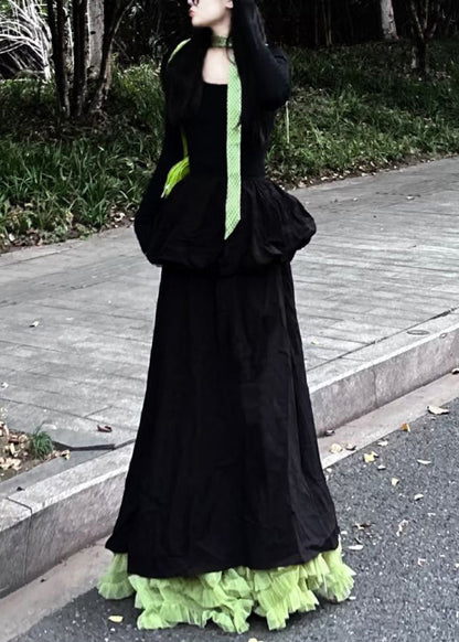Slim Fit Black O Neck High Waist Cotton Long Dress Spring