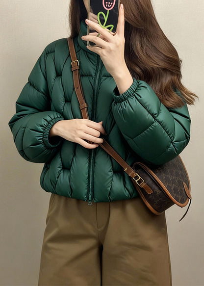 Loose Green Stand Collar Zip Up Fine Cotton Filled Parkas Winter