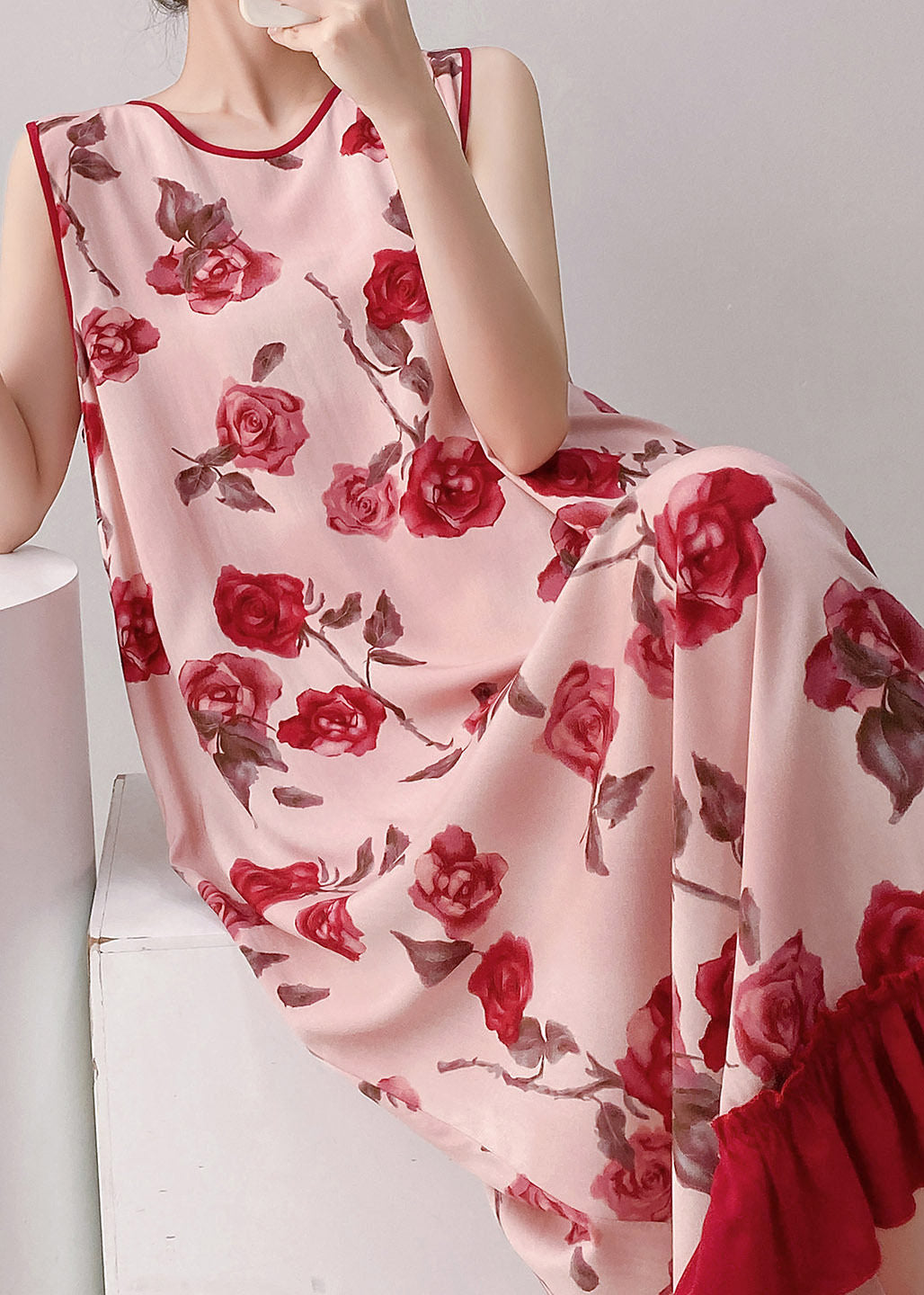 Red O-neck Print Long Dresses Summer