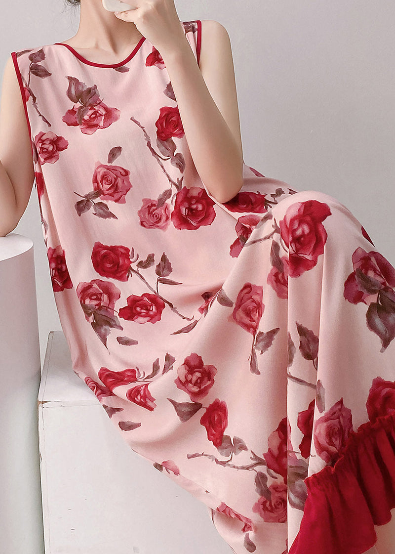 Red O-neck Print Long Dresses Summer