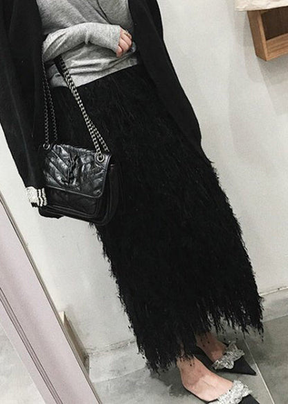Black Feather Knit Fall Skirts High Waist