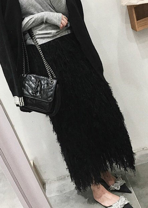 Black Feather Knit Fall Skirts High Waist