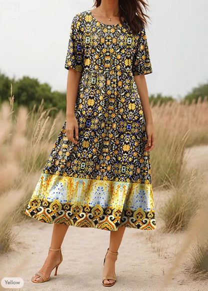 Red O Neck Print Cotton Long Dress Summer