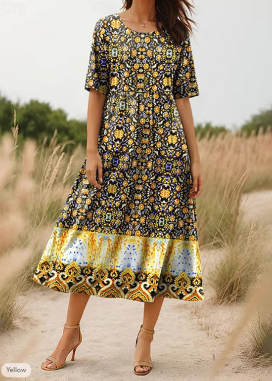 Red O Neck Print Cotton Long Dress Summer