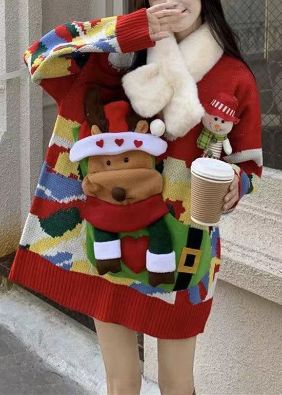 Christmas Themed Elk Sweater Red With Loose and Lazy Style