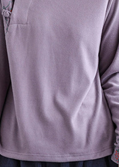 Modern Purple Embroidered Button Fall Cotton Top