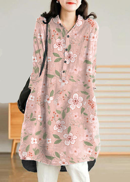 Jade Pink-flower Linen Linen Shirt Dress