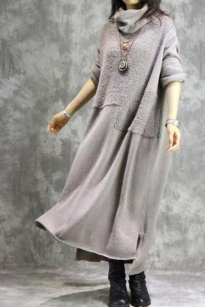 Loose High Neck Cotton Linen Maxi Dresses for