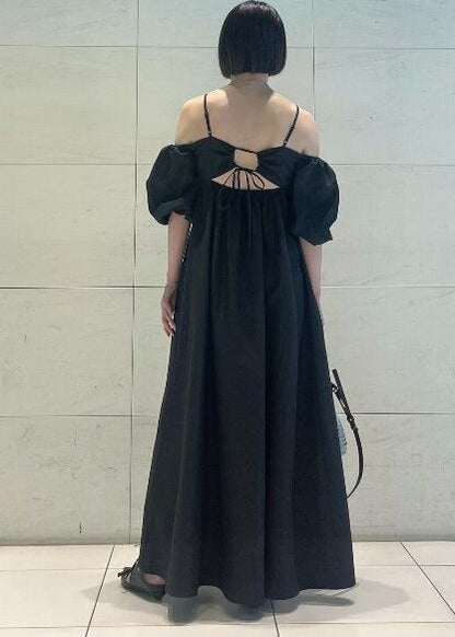 French Black Backless Cotton Party Dresses Puff Sleeve