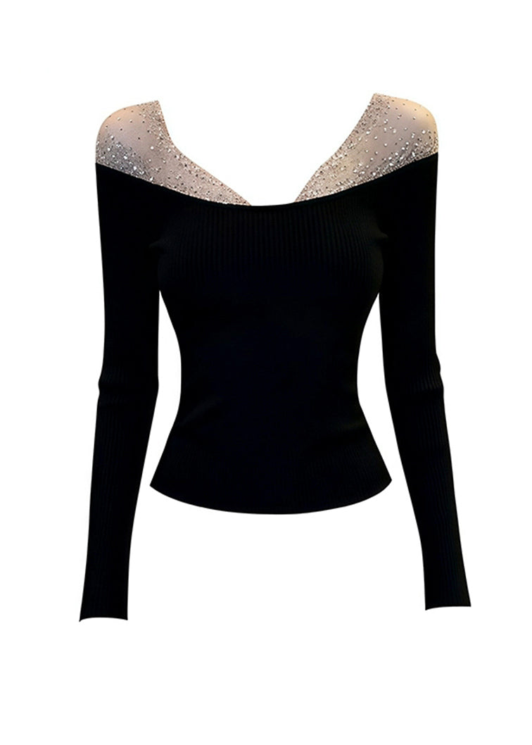 Black V-neck Tulle Patchwork Knit Top Spring