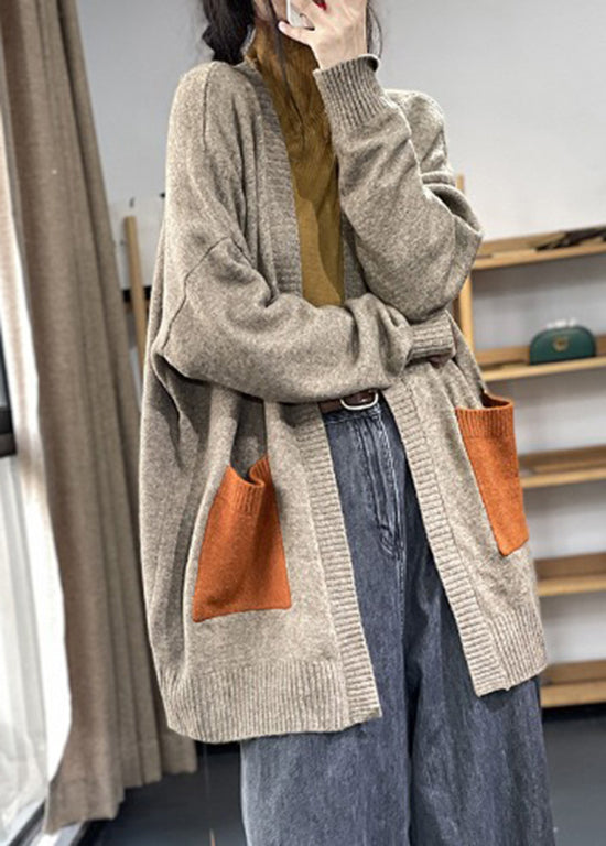 Khaki Pockets Patchwork Knit Cardigan Fall