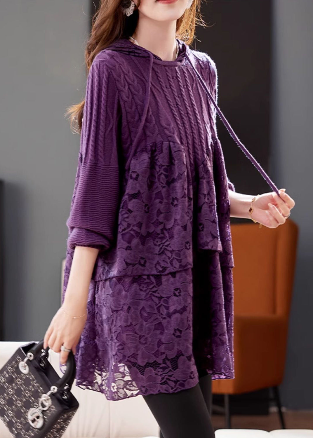 Natural Purple Lace Patchwork Hooded Knit Top Spring