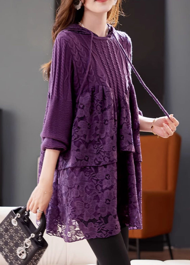 Natural Purple Lace Patchwork Hooded Knit Top Spring
