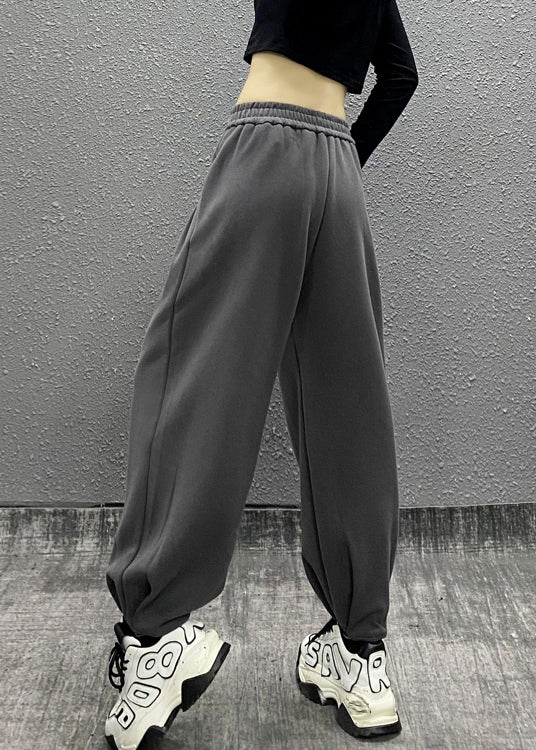 Grey Pockets Elastic Waist Cotton Beam Pants Fall