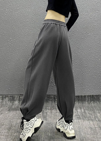 Grey Pockets Elastic Waist Cotton Beam Pants Fall