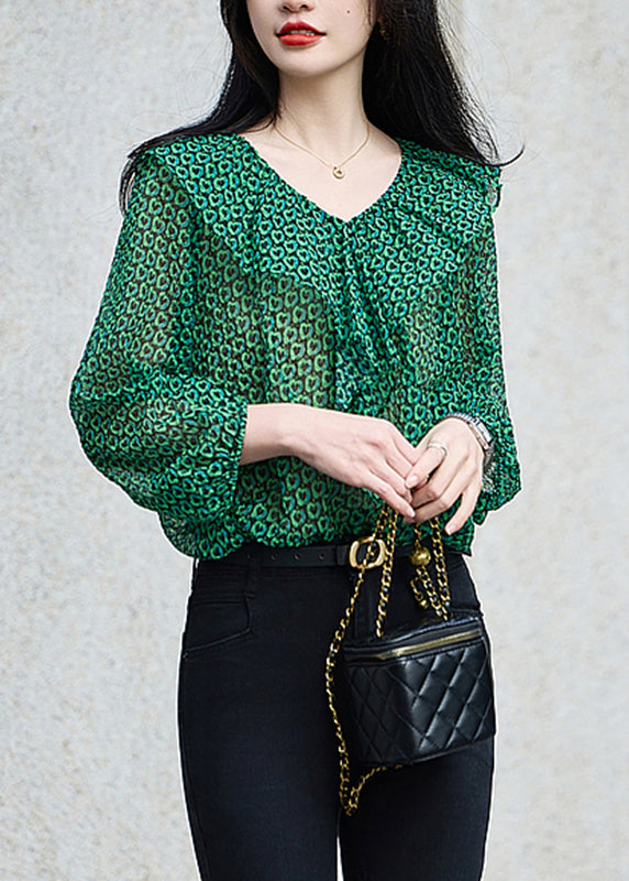 Green Ruffled Print Chiffon Top Bracelet Sleeve