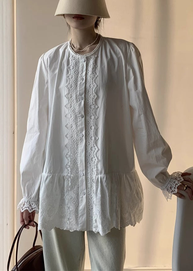 White Lace Button Cotton Shirt Fall