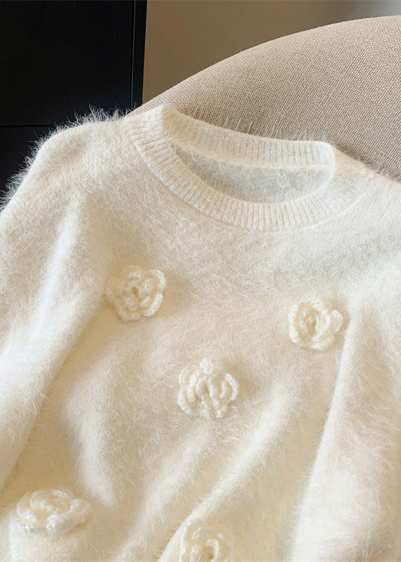 White O-neck Mink Hair Knitted Sweaters Winter