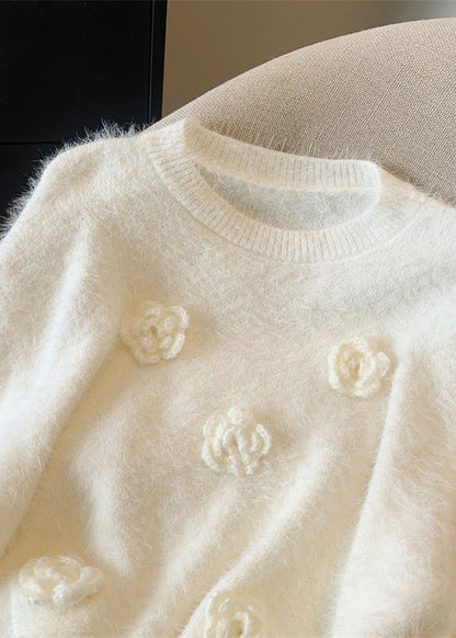 White O-neck Mink Hair Knitted Sweaters Winter